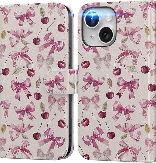 DEENAKIN for iPhone 15 Plus Wallet Case with Card Holder + Cash Clip, RFID-Blocking, Military-Grade Drop Protection, Magnetic Closure with Leather Kickstand - Cherry & Bowknot