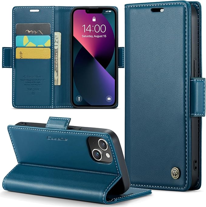 for iPhone 13 Case, Premium PU Leather Wallet Case Flip Cover with [RFID Blocking][Card Holder][Stand Function] Shockproof Protective for iPhone 13 6.1 inch, Blue