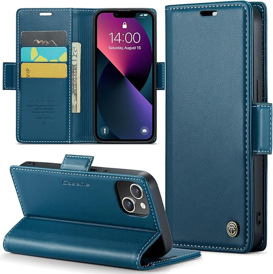 for iPhone 14 Case, Premium PU Leather Wallet Case Flip Cover with [RFID Blocking][Card Holder][Stand Function] Shockproof Protective for iPhone 14 6.1 inch, Blue
