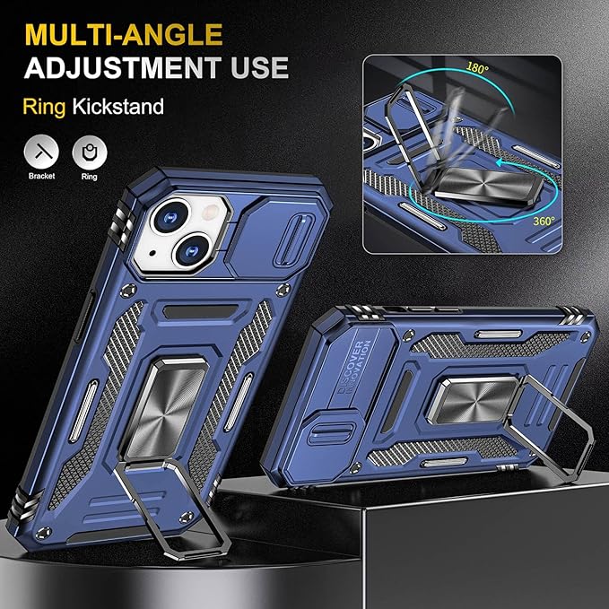 Case for iPhone 14 Plus Phone Case with Camera Lens Cover, with Ring Holder Kickstand, fit Magnetic Car Mount, for iPhone 14 Plus (Navy Blue)