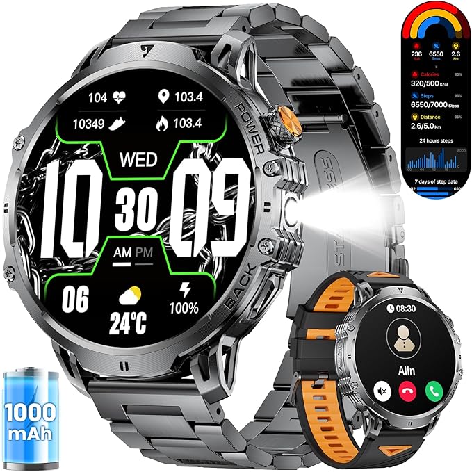 LIGE Smart Watches for Men with 50+Days Standby(1000mAh)/1.85" HD AMOLED Large Screen/Flashlight/50M Waterproof,100+ Sports Fitness Tracker Watch,Pedometer Mens Military Smart Watch for Android iPhone