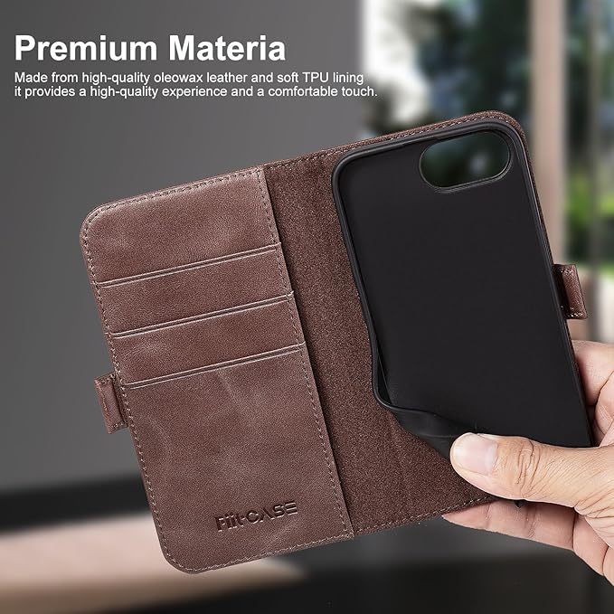 Case for iPhone 16e 6.1", Genuine Leather Wallet Magnetic Cover RFID Blocking Card Slot Kickstand Shock-Absorbent TPU Phone Holder Case Compatible with iPhone 16e 2025 5G (Darkbrown)
