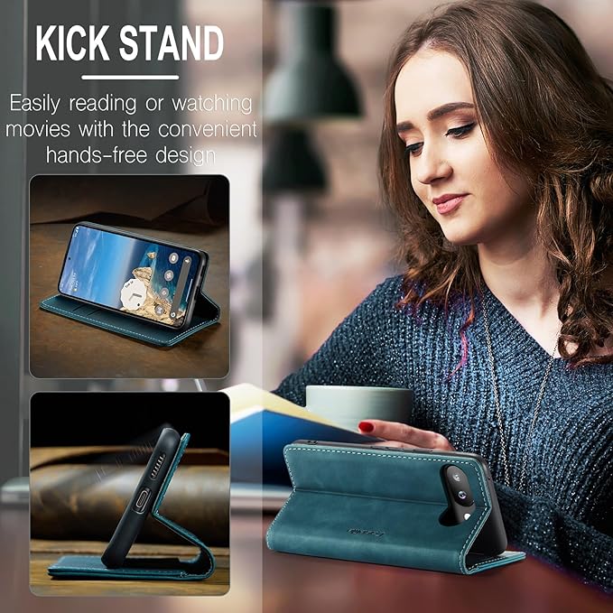 for Google Pixel 9a Case, Flip Wallet Leather Case with Card Holder Magnetic Closure Shockproof Kickstand Protective Phone Cases Cover for Pixel 9a, Blue-Green