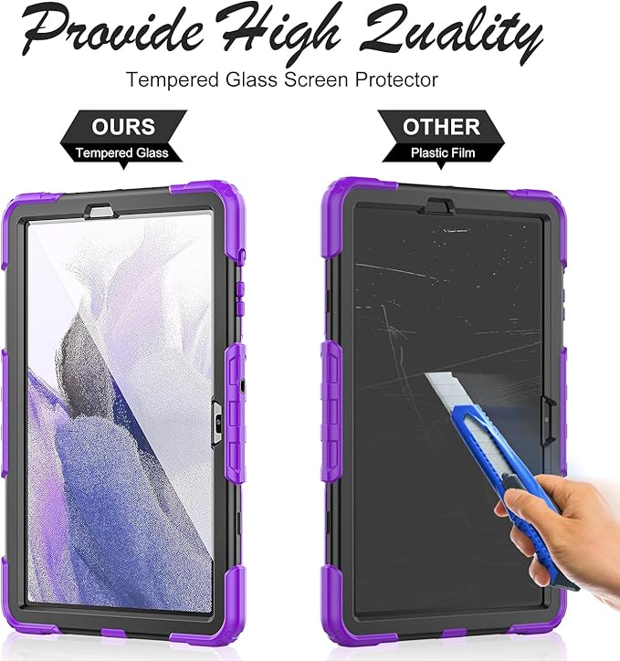 Tablet Case for Samsung Galaxy Tab S8 Plus/S7 FE/S7 Plus 12.4", [Shockproof] with Tempered Glass Screen Protector, Rotating Kickstand/Hand & Shoulder Strap/S Pen Holder (Purple)