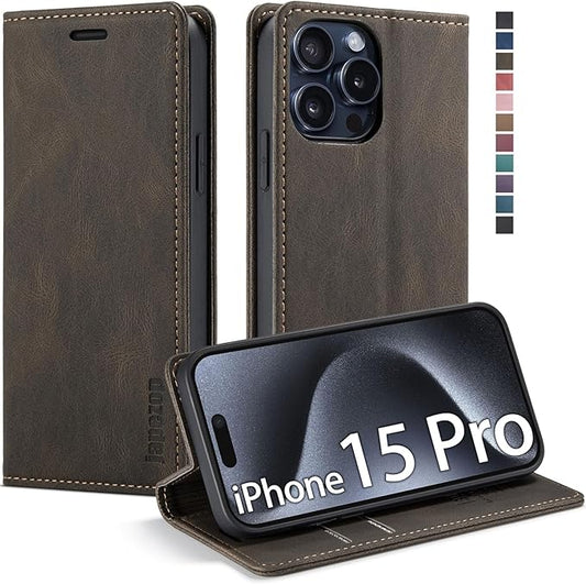 japezop iPhone 15 Pro 5G Wallet Case with [RFID Blocking],Card Holder Kickstand Magnetic,Leather Flip Case Wallet for iPhone 15 Pro 5G 6.1 Inch(Coffee)