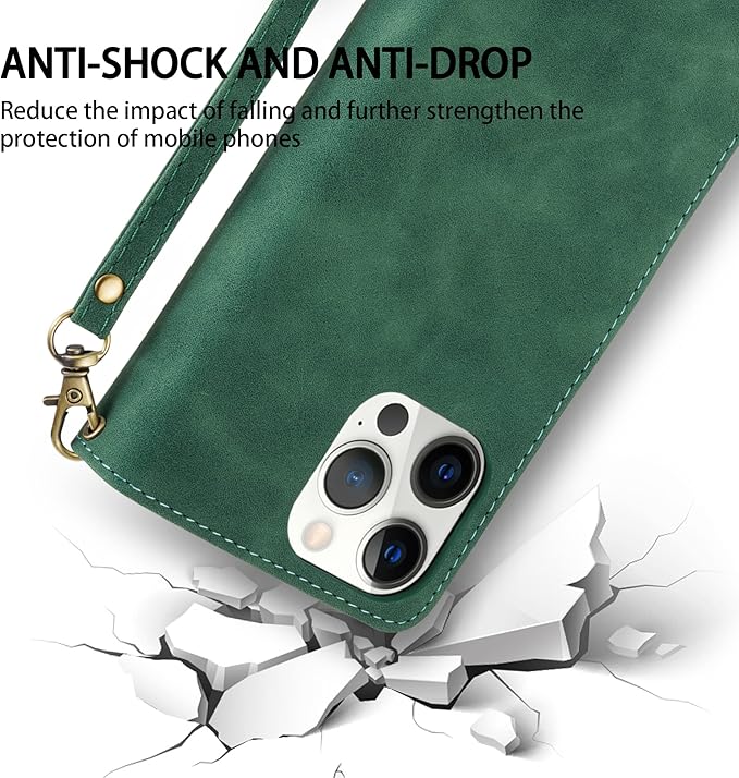 ZZXX for iPhone 14 Pro Case Wallet with [RFID Blocking] Card Slot Premium Soft PU Leather Zipper Flip Folio with Wrist Strap Kickstand Protective Cover for iPhone 14 Pro Wallet Case(Green-6.1 inch)