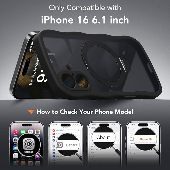 GolbinBox for iPhone 16 Case, [Compatible with Magsafe][360° Spin Magnetic Stand][Military-Grade Protection][Camera Control][Cute Wave Edge] Translucent Matte Women Phone Cover for iPhone 16, Black