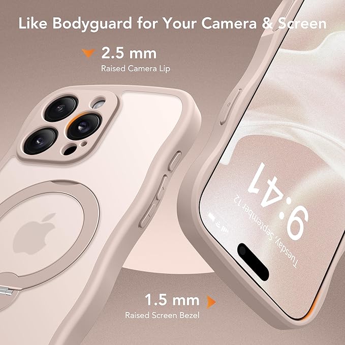 for iPhone 16 Pro Max Case for Women,[Compatible with Magsafe][360° Spin Magnetic Stand][Cute Wave Edge][Military-Grade Protection] Translucent Matte Phone Case for iPhone 16 ProMax, Rose Gold