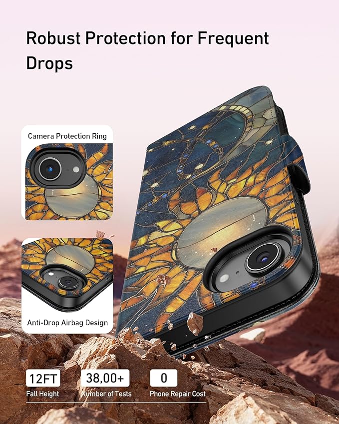 DEENAKIN for iPhone 16e Wallet Case with Card Holder + Cash Clip, RFID-Blocking, Military-Grade Drop Protection, Magnetic Closure with Leather Kickstand - Solar Lunar Harmony