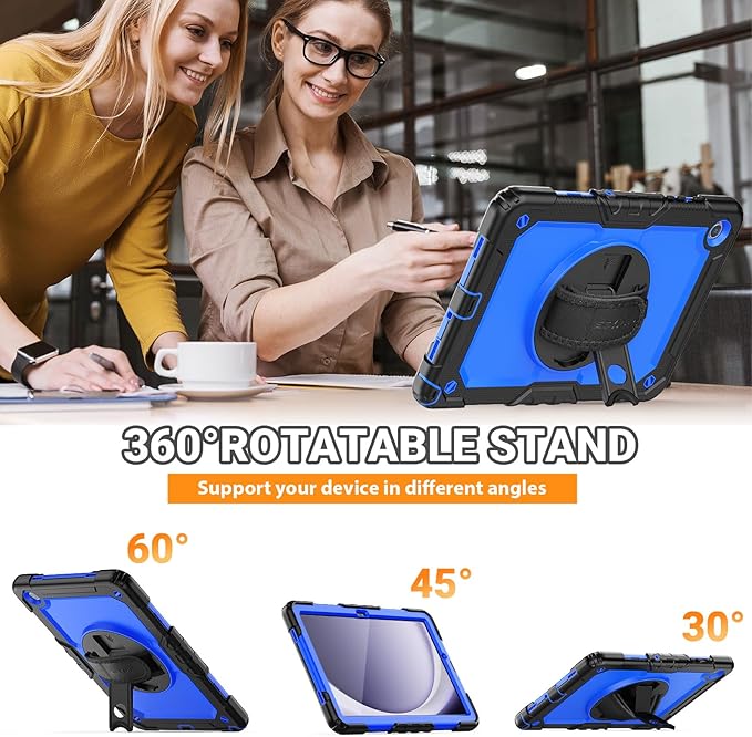 SEYMAC Case for Samsung Galaxy Tab A9+/ A9 Plus 11" (SM-X210/X216/X218), Heavy Duty Shockproof Protective Case with Screen Protector, Rotating Stand, Hand/Shoulder Strap and Pen Holder, Blue