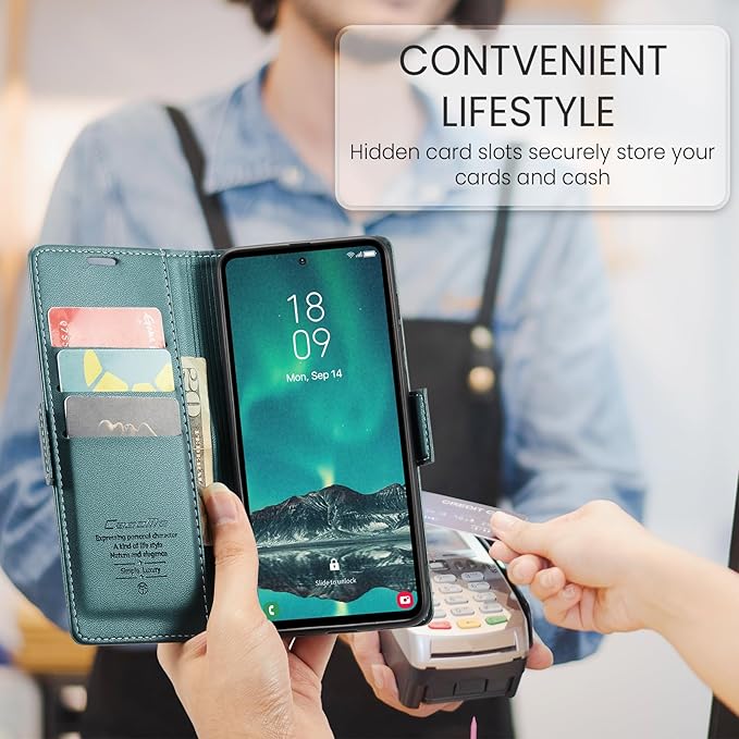 AUPAI for Samsung Galaxy S23 FE Wallet Case with Credit Card Holder, PU Leather RFID Blocking Folio Flip Kickstand Magnetic Clasp Protective Phone Cover for Women Men Cyan