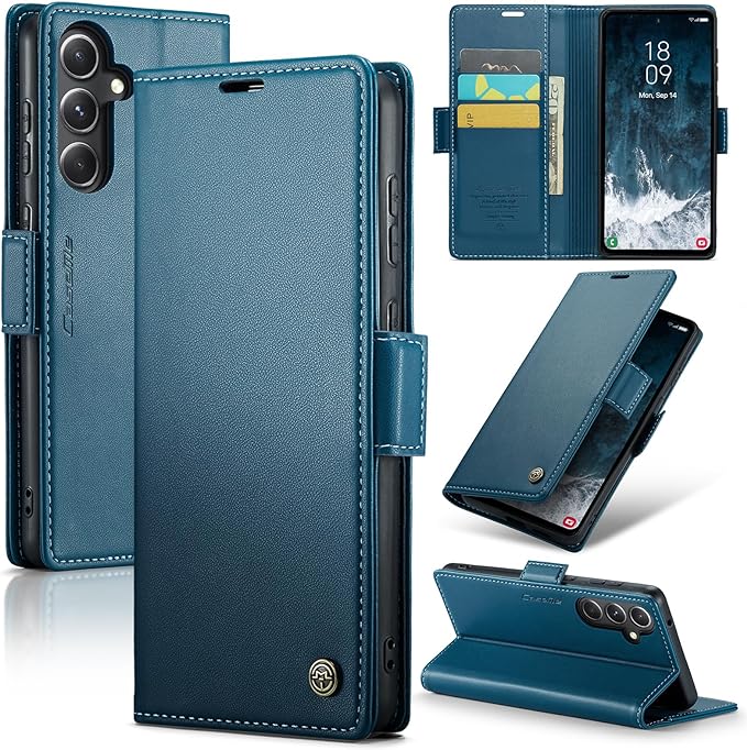 AUPAI for Samsung Galaxy S23 FE Wallet Case with Credit Card Holder, PU Leather RFID Blocking Folio Flip Kickstand Magnetic Clasp Protective Phone Cover for Women Men Blue