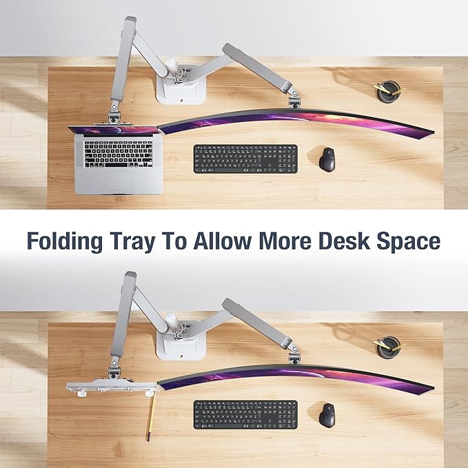 AVLT Laptop & 40 Inch Monitor Arm Pole Top Mount with USB-C USB-A Ports-Gray, VESA Compatible, Supports 26.4 lbs (12 kg), Ultrawide Screen Fit, Adjustable Height, Tilt Swivel Rotate, Cable Management