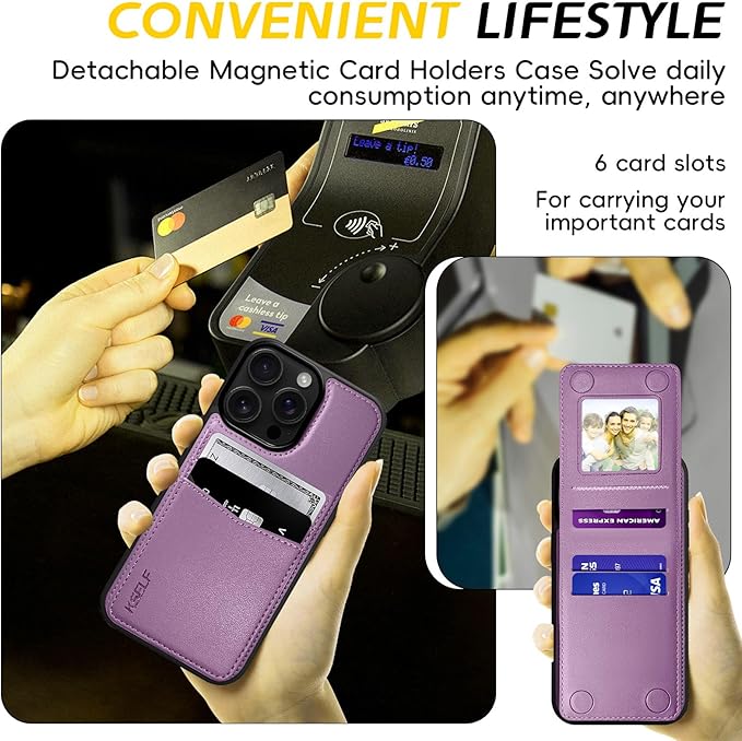 for iPhone 16 Pro Max Leather Wallet Case, Compatible with Magsafe, 2 in 1 Detachable Magnetic Card Holder, RFID Blocking Kickstand Credit Slots Flip Case for Men Women, Purple
