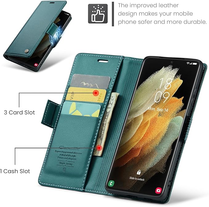 AUPAI for Samsung Galaxy S21 Ultra Wallet Case with Credit Card Holder, PU Leather RFID Blocking Folio Flip Kickstand Magnetic Clasp Protective Phone Cover for Women Men Cyan