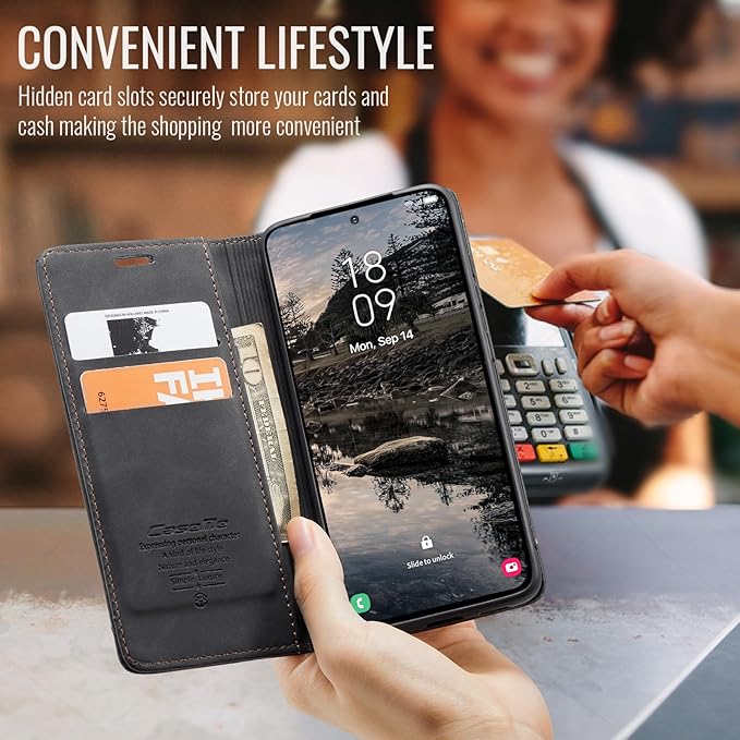 for Samsung Galaxy S25 FE Case, Flip Wallet Leather Case with Card Holder Magnetic Closure Shockproof Kickstand Protective Phone Cases Cover for Galaxy S25 FE, Black