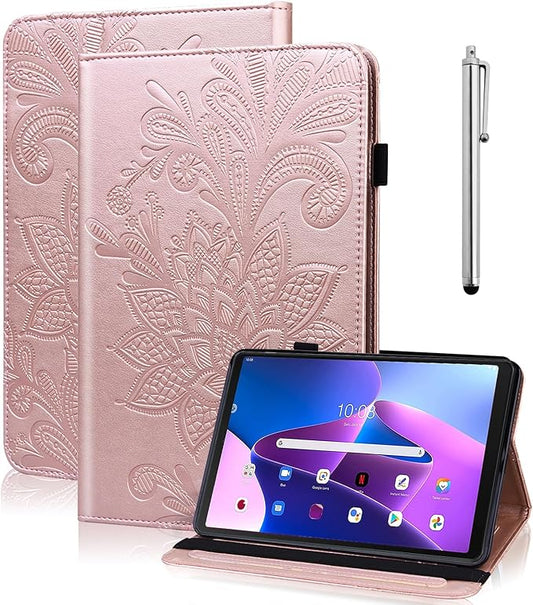 Case for Lenovo Tab M10 Plus 3rd Gen 10.6 Inch 2022 (TB125FU/128FU), Embossed Lace PU Leather Flip Folio Tablet Case with Elastic Band & Card Slots/Holder, Multi-Angle Viewing Stand Cover, Rose Gold