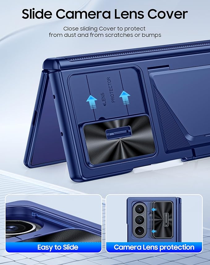 for Samsung Galaxy Z Fold 7 Case with Card Holder RFID Blocking, Built in Slide Lens Cover & Hinge Protection & Screen Protector, Shockproof Wallet Case for Z Fold 7 (Sapphire Blue)