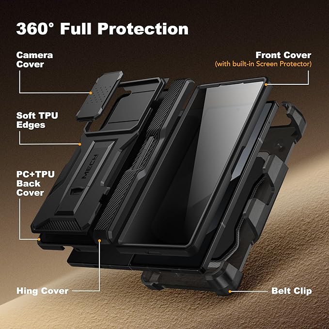 TONGATE for Z Fold 7 Case with Stylus & Pen Holder, [Built-in Privacy Screen Protector & Slide Camera Cover][Anti Spy] Military Grade Drop Stand Case for Samsung Galaxy Z Fold 7 with Belt Clip, Black