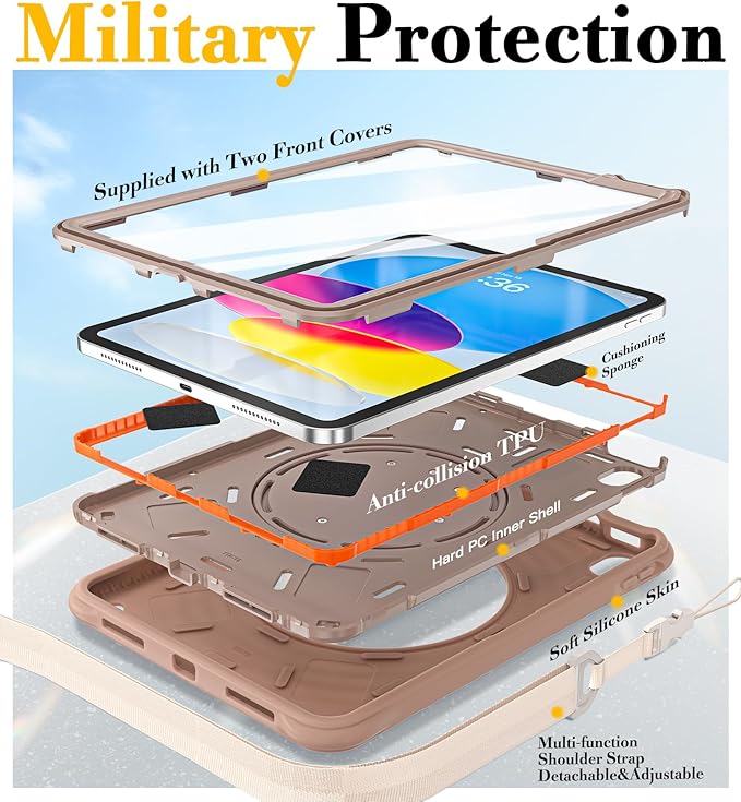 BRAECN Ripple Case for iPad (A16)11th/10th Generation 11/10.9 inch 2025/2022 Zinc Alloy Handle Ring Stand Protective Heavy Duty Screen Protector 360°Rotating 180°Folding Shoulder Strap Full-Body Cover