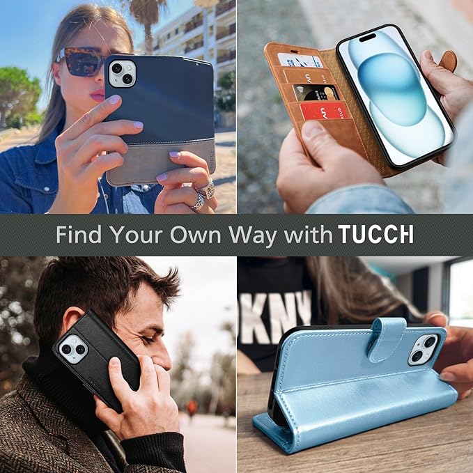 TUCCH Case Wallet for iPhone 15 6.1", [RFID Blocking] [4 Card Slots] Kickstand [Shockproof TPU Interior Case], PU Leather Magnetic Flip Cover Compatible with iPhone 15 5G 2023, Light Brown