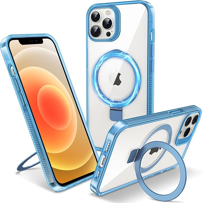 Magnetic Case for iPhone 12 Pro Max - [Built-in Invisible Stand] [Compatible with MagSafe] [Military Grade Drop Protection] Anti-Yellowing Hard Back Silicone Edge Cover, 6.7", Clear Blue