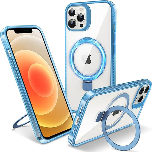Magnetic Case for iPhone 12 Pro Max - [Built-in Invisible Stand] [Compatible with MagSafe] [Military Grade Drop Protection] Anti-Yellowing Hard Back Silicone Edge Cover, 6.7", Clear Blue