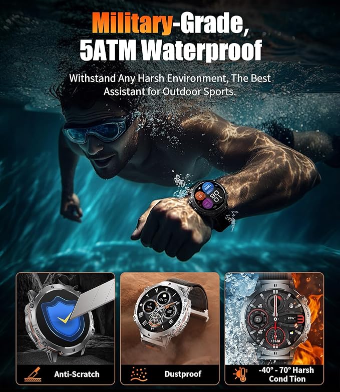 LIGE Military Smart Watch with 900mAh Battery(60+Standby),1.73" AMOLED with Compass Altitude and Barometric Pressure,110+ Sports Mode Tactical Fitness Tracker/Bluetooth Call Android iOS Smartwatch