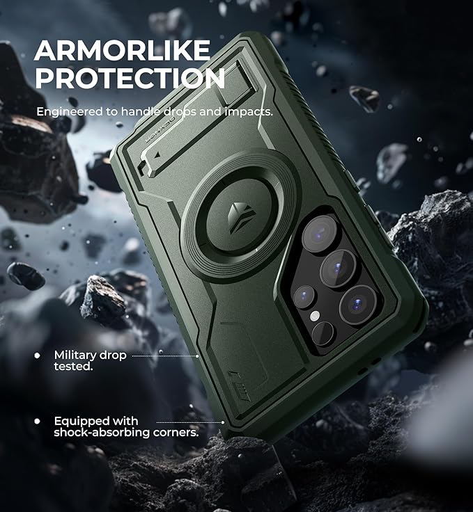 Dexnor Magnetic Case for Samsung Galaxy S24 Ultra Case, Compatible with Magsafe, 2 Front Frames & Built-in Screen Protector, Bumper Rugged Shockproof Full-Body Protective Cover with Kickstand,Green