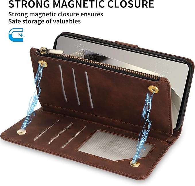 ZZXX for Samsung Galaxy S24 Ultra Wallet Case with RFID Blocking Card Slot PU Leather Zipper Flip Folio with Strap Kickstand Protective Cover for Samsung Galaxy S24 Ultra Case Wallet(Coffee-6.8 inch)