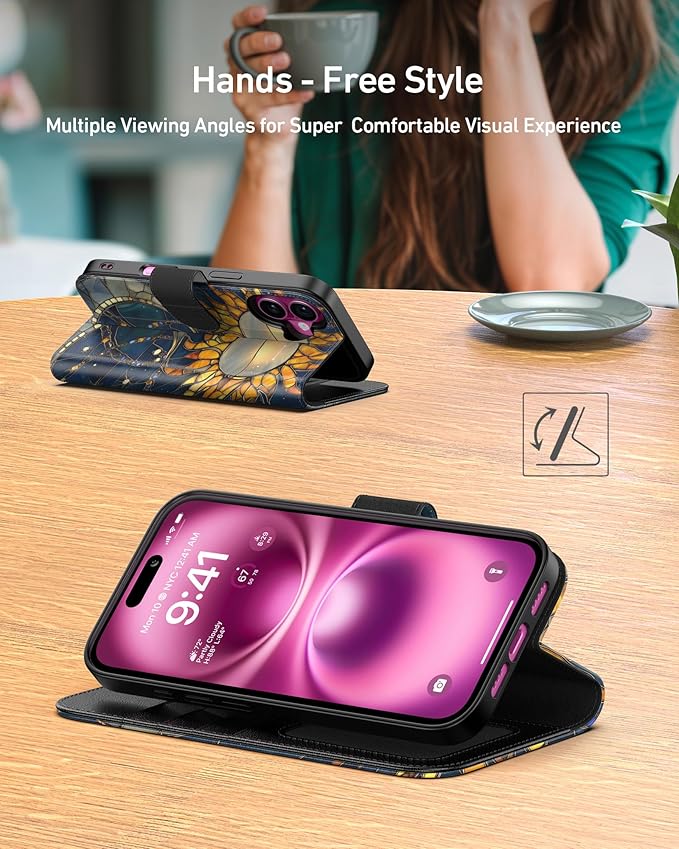 DEENAKIN for iPhone 16 Wallet Case with Card Holder + Cash Clip, RFID-Blocking, Military-Grade Drop Protection, Magnetic Closure with Leather Kickstand - Solar Lunar Harmony