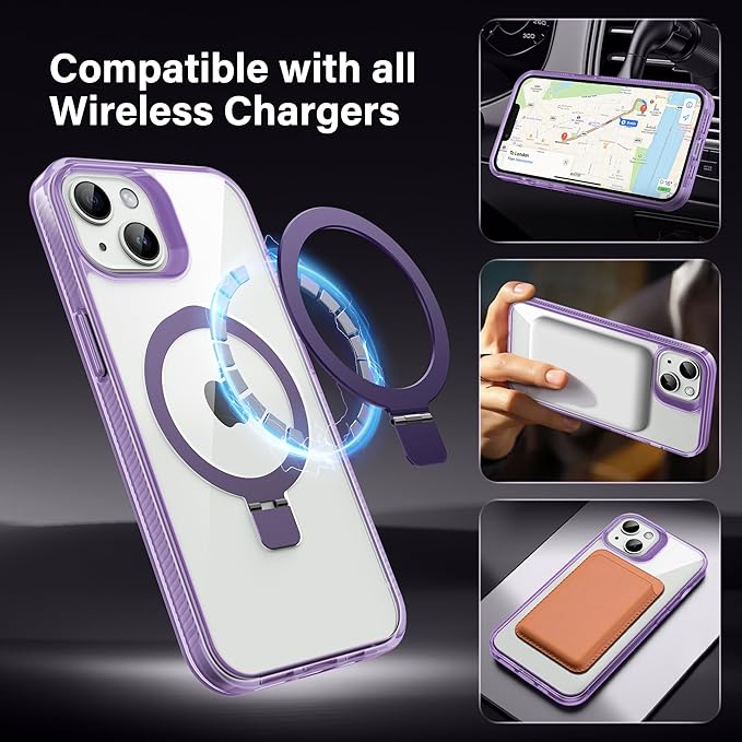 Magnetic Case for iPhone 13/14 - [Built-in Invisible Stand] [Compatible with MagSafe] [Military Grade Drop Protection] Anti-Yellowing Hard Back Silicone Edge Cover, 6.1", Clear Purple