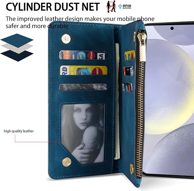 ZZXX for Samsung Galaxy S24 Plus Wallet Case with RFID Blocking Card Slot PU Leather Zipper Flip Folio with Strap Kickstand Protective Cover for Samsung Galaxy S24+ Case Wallet(Blue-6.7 inch)