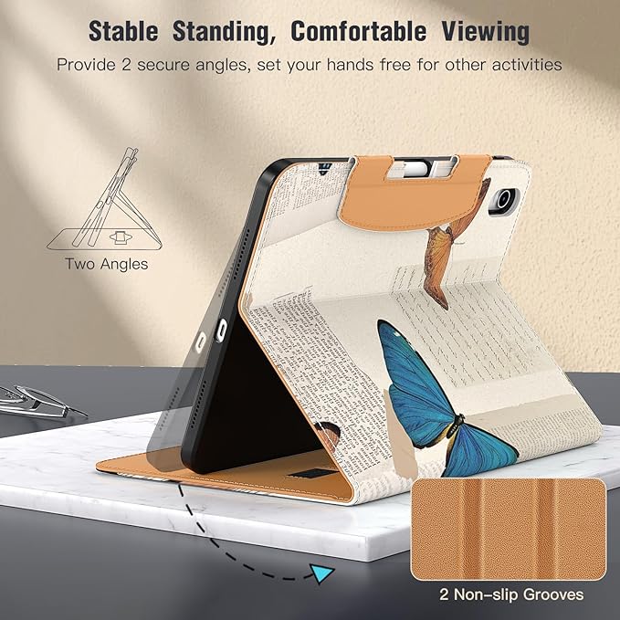 MoKo for iPad (A16) 11th Generation Case 11 inch 2025, iPad 10th Generation Case 10.9" 2022 with Pencil Holder & Pocket, Premium Leather Folio Stand Cover, Multiple Viewing Angles, Vintage Butterfly