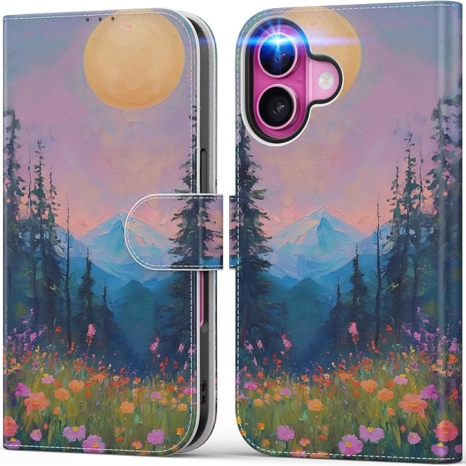 DEENAKIN for iPhone 16 Plus Wallet Case with Card Holder + Cash Clip, RFID-Blocking, Military-Grade Drop Protection, Magnetic Closure with Leather Kickstand - Mountain Blossom Glow