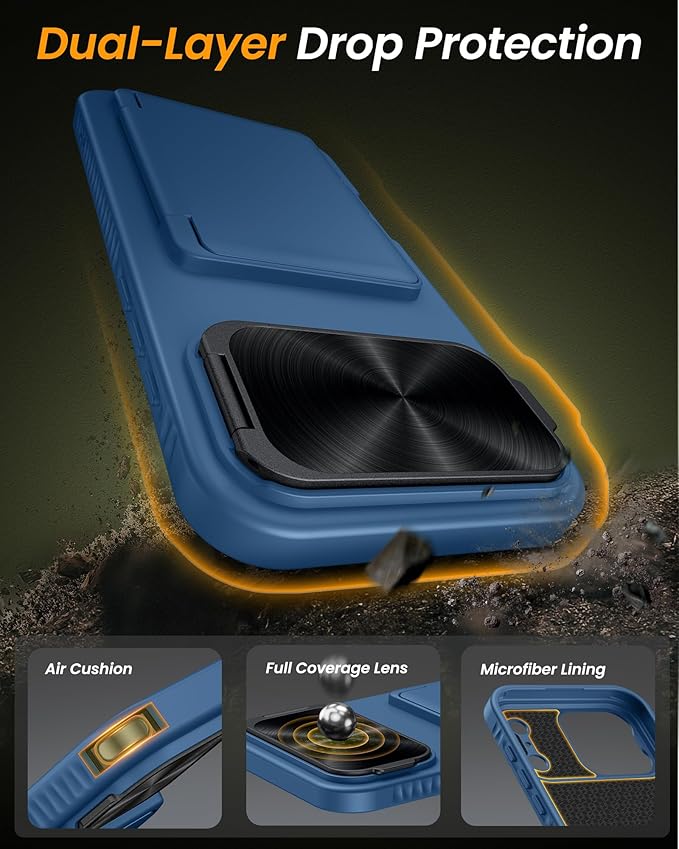 for iPhone 17 Pro Case with Card Holder, Built-in Stand & Camera Lens Cover, Shockproof Rugged Silicone Bumper Raised Edge Protective Wallet Phone Case for iPhone 17 Pro 6.3" 2025, Blue