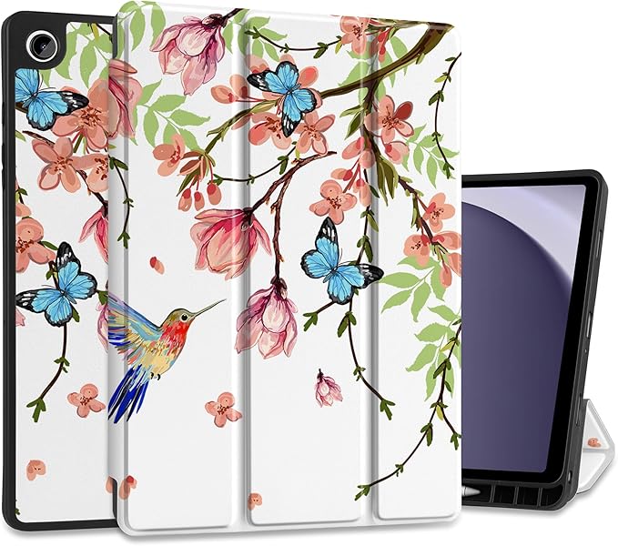MEEgoodo Case for Samsung Galaxy Tab A9 Plus 11 inch Cover 2024 2023 with S Pen Holder, A9+ Smart Tablet Cases with Leather Trifold Stand+Soft TPU Back Shell+Smart Auto Wake/Sleep, Birds & Flowers