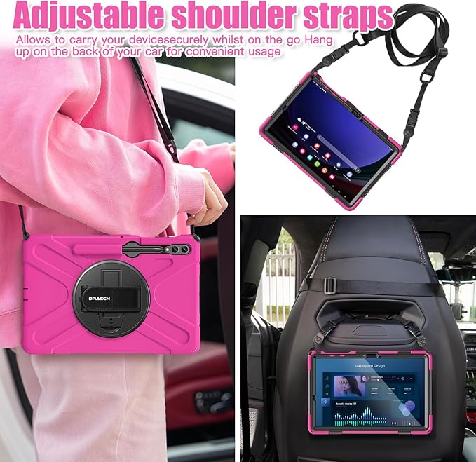 BRAECNstock for Samsung Galaxy Tab S10+ Plus/ S9 FE+ Plus/ S9+ Plus/ S8+ Plus/ S7 FE/ S7+ Plus 5G Tablet Case 12.4" Shockproof Protective Cover with Pen Holder Rotating Hand Strap & Stand - Rose Red