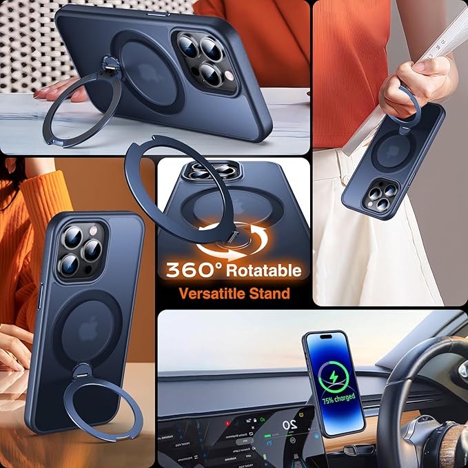 360° O-Ring MagStander for iPhone 14 Pro Case with Magnetic Kickstand Ring Holder [Compatible with MagSafe][360°Rotate Stand Ring][Military Shockproof] iPhone 14 Pro Phone Cover Matte Blue