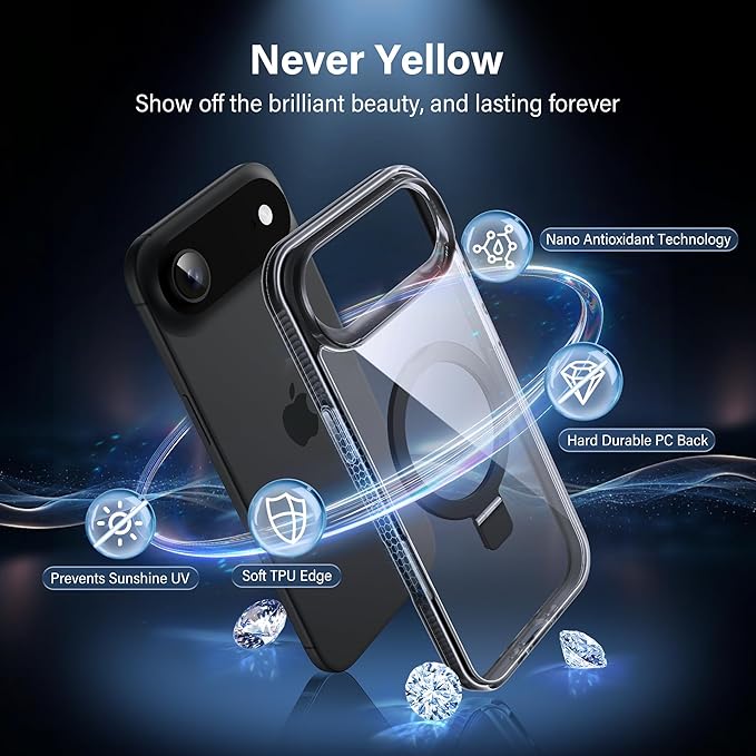 Magnetic Case for iPhone Air - [Built-in Invisible Stand] [Compatible with MagSafe] [Military Grade Drop Protection] Anti-Yellowing Hard Back Silicone Edge Cover, 6.5", Clear Black