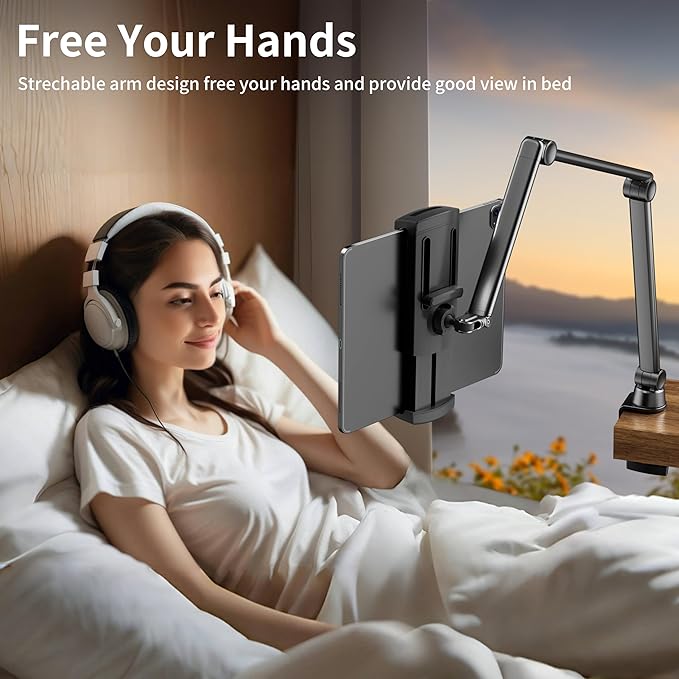 LULULOOK iPad Stand for Desk, Aluminum Alloy Arm Mount, Adjustable Holder Stand for iPad Pro 12.9/iPad mini Air, Samsung Galaxy, iPhone, Kindle, Portable Monitor Tablet 4.7"-13"(2 Clips)