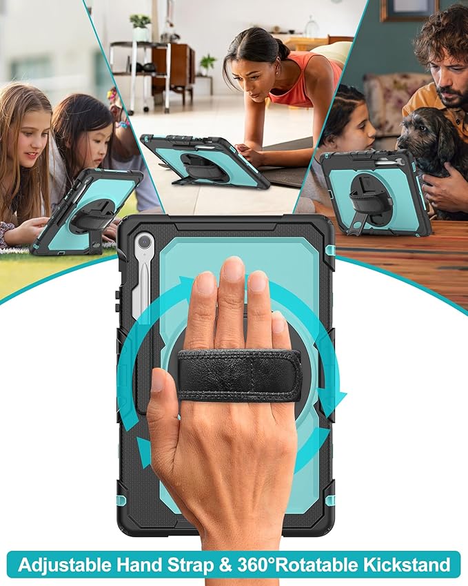 Case for Samsung Galaxy Tab S10 FE Plus 5G Tablet 13.1'', Shockproof Protective Cover with Tempered Glass Screen Protector, Rotatable Kickstand, S Pen Holder, Hand/Shoulder Strap, SkyBlue