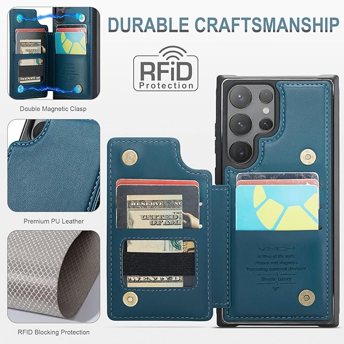 Vinich for Samsung Galaxy S24 Ultra Wallet Case with Card Holder, RFID Blocking Credit Slots Kickstand Shockproof Phone Cover for Women Men, Blue