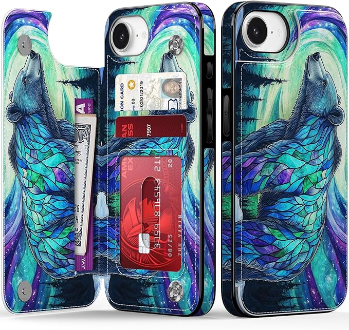 FUNMIKO for iPhone 16e Wallet Case with Card Holder, RFID-Blocking, Military-Grade Protection & UV-Printed Artwork, Magnetic Closure with Leather Kickstand - Prismatic Aurora Bear
