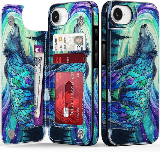FUNMIKO for iPhone 16e Wallet Case with Card Holder, RFID-Blocking, Military-Grade Protection & UV-Printed Artwork, Magnetic Closure with Leather Kickstand - Prismatic Aurora Bear