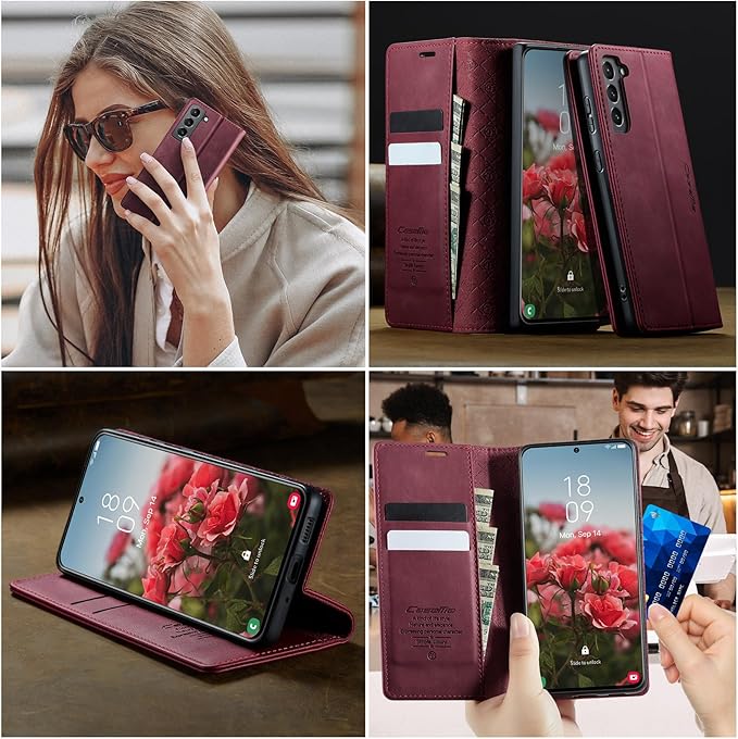 Wallet Case for Samsung Galaxy S21 Leather Wallet Flip Cover with Card Holder, Kickstand, Magnetic Closure, RFID Blocking TPU Shockproof Phone Case Compatible with S21, Red