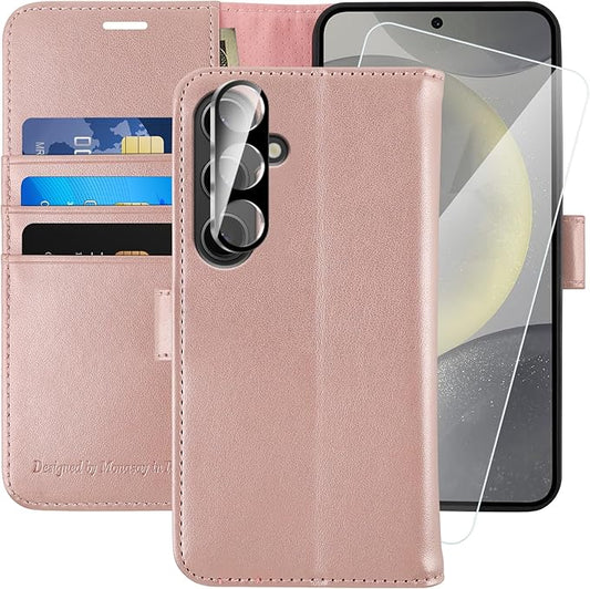 MONASAY Wallet Case Fit for Samsung Galaxy S24+ Plus 5G, [Lens & Glass Screen Protector Included] [RFID Blocking] Flip Folio Leather Cell Phone Cover with Credit Card Holder，6.7 inch, Rosegold