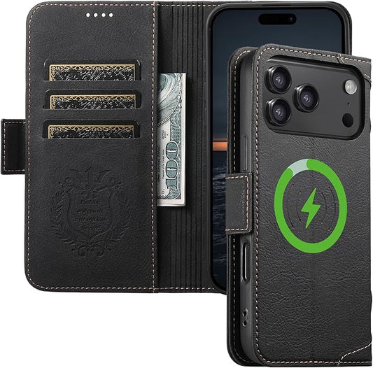 Leather Magnetic Wallet Case for iPhone 17 Pro Compatible with MagSafe & Wireless Charging, 3 Card Slots & ID Holder, Kickstand, 360° Military Shockproof Protection for Phone pro Premium Black