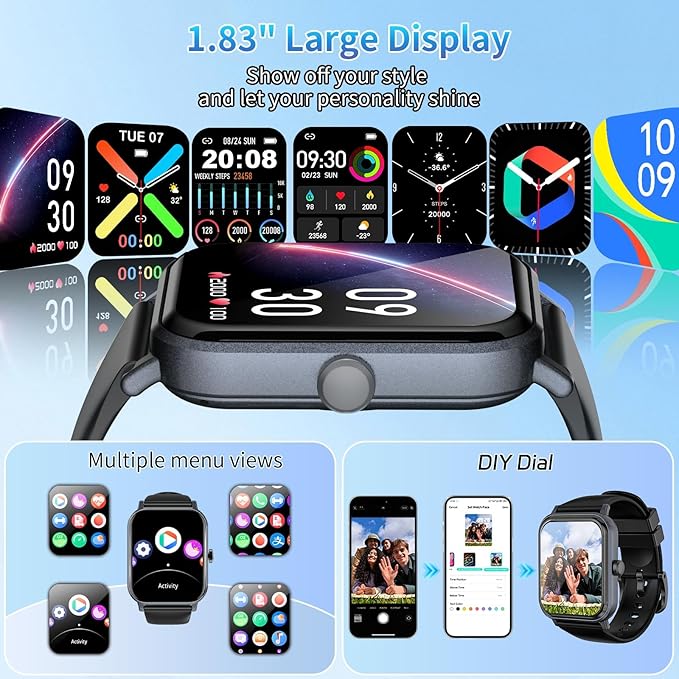 Smart Watch for Men Women with Calling, 1.83" Fitness Tracker with Heart Rate/Sleep Monitor, Step Tracker, New Gen Fitness Watch with 120 Sports Modes, IP68 Waterproof Smartwatch for Android/iOS Black
