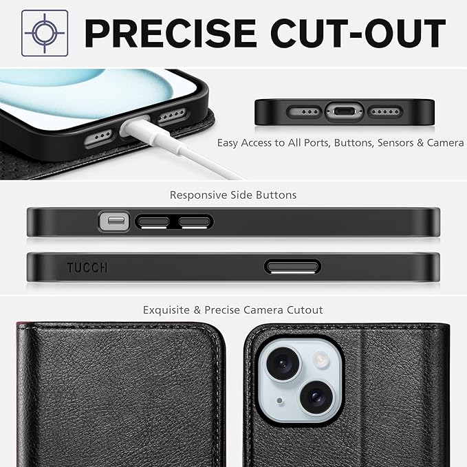 TUCCH Wallet Case for iPhone 15 5G, PU Leather Folio with [RFID Blocking] [3 Card Slot], Protective Kickstand [Shockproof TPU Interior Case] Compatible with iPhone 15 6.1" 2023, Textured Black